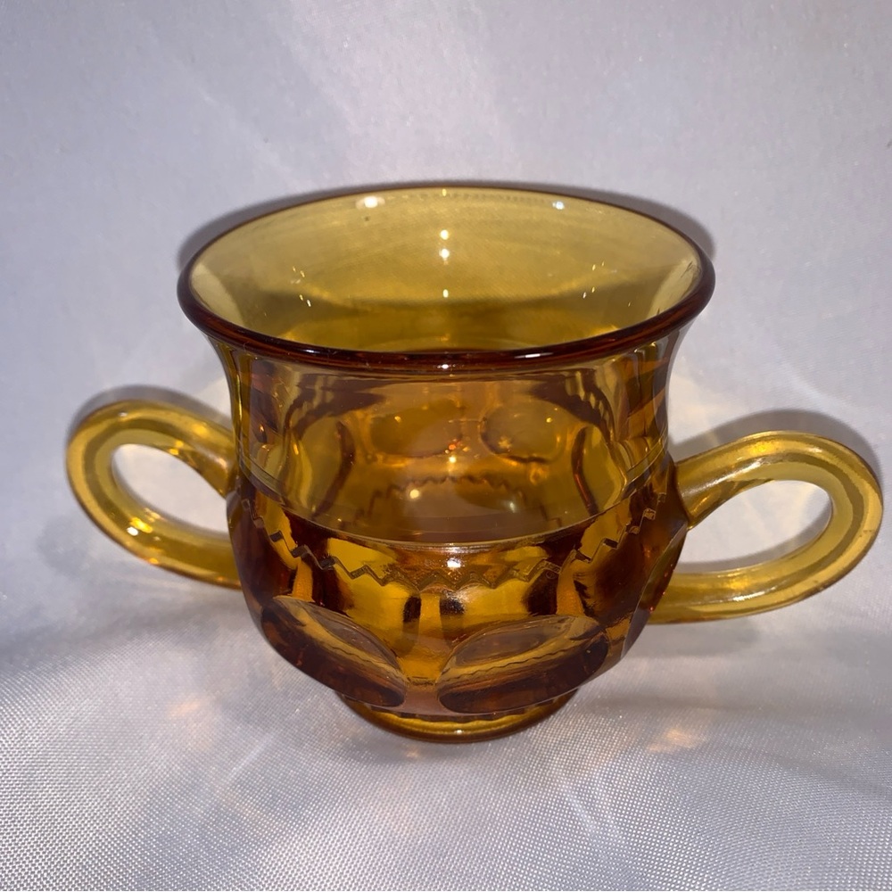Indiana Glass Kings Crown Thumbprint Open Sugar Bowl Amber Double Handled VTG